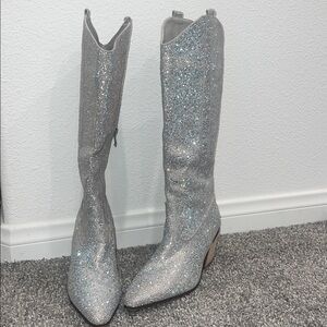 Sparkling Silver Knee-High Boots